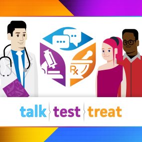 Talk. Test. Treat. Social Media square graphic. Illustration of doctor with patients.