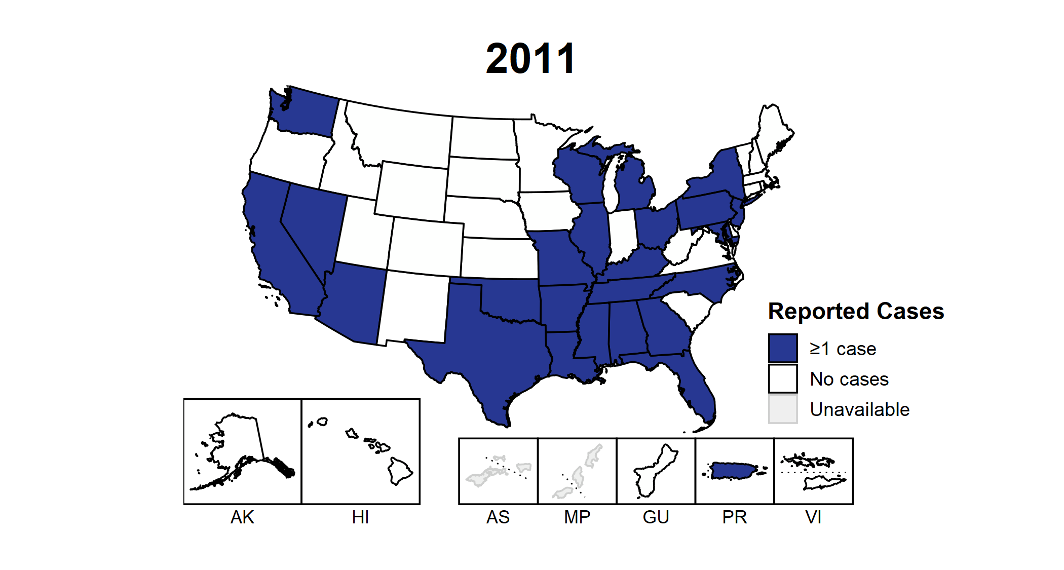 Animated United States map showing reported cases of congenital syphilis by state from 2011 to 2020