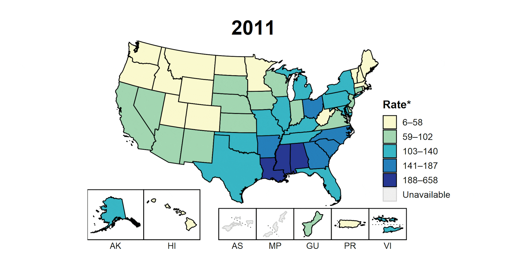 Animated United States map showing reported rates of gonorrhea  by state from 2011 to 2020