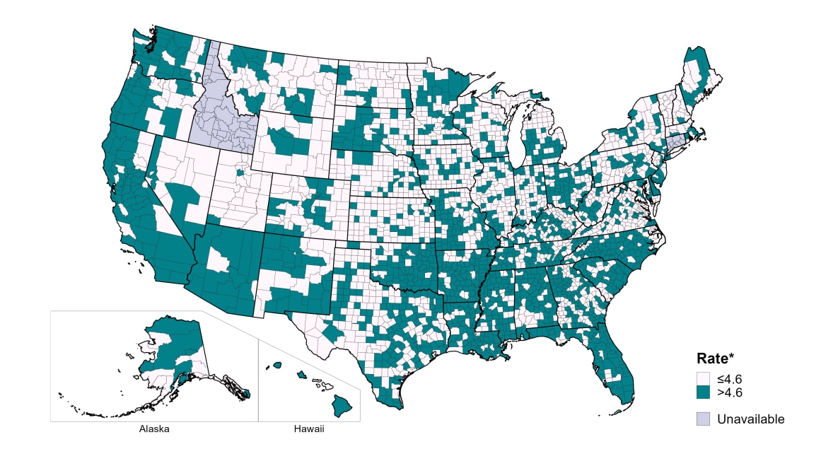 Map of the United States showing rates of reported primary and secondary syphilis among women aged 15-44 years by county of residence during 2022