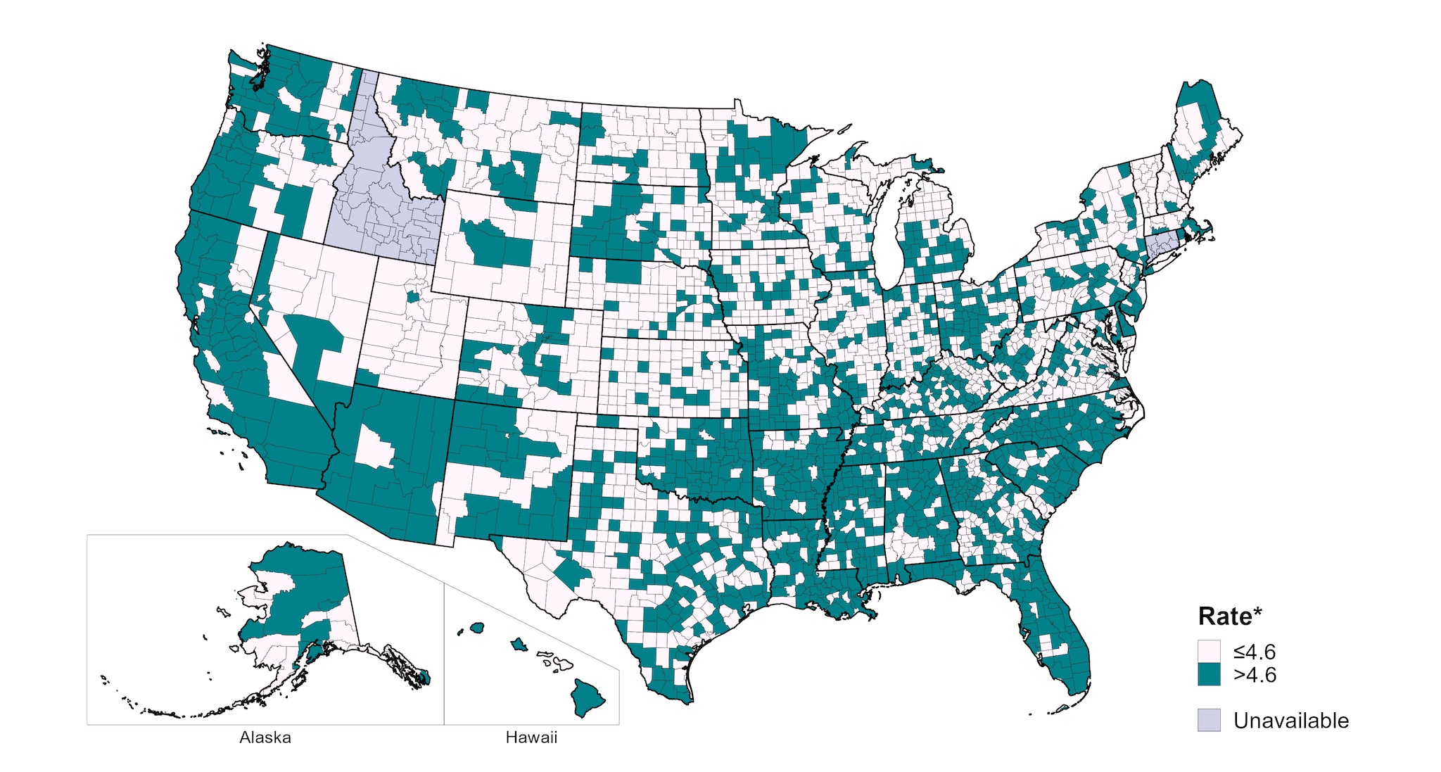 Map of the United States showing rates of reported primary and secondary syphilis among women aged 15-44 years by county of residence during 2022