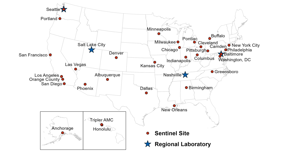 Map showing 2022 GISP Clinical Sites and Regional Laboratories