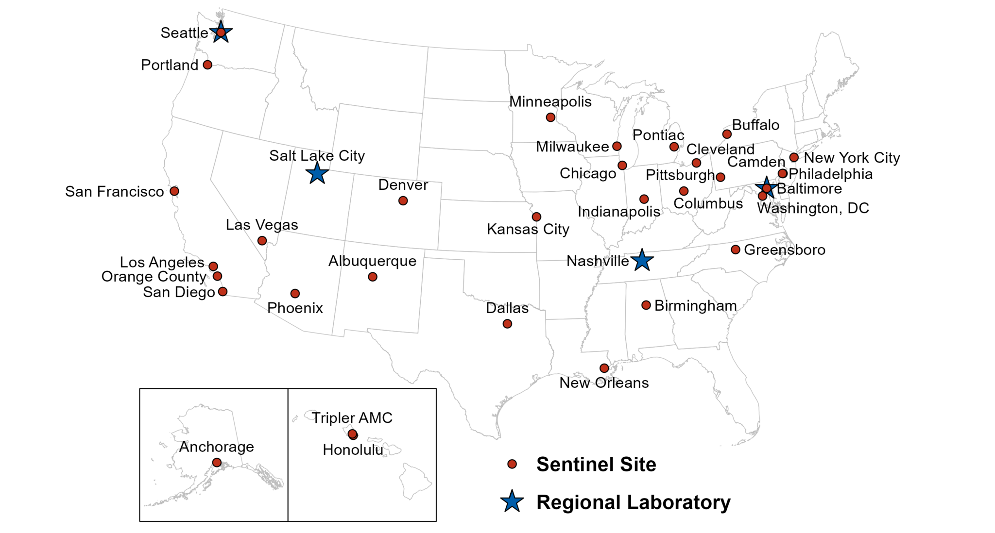 Map showing 2020 GISP clinical sites and regional laboratories