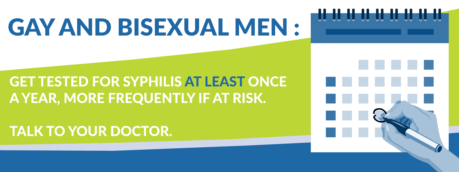 As syphilis goes up, get tested at least once a year. Talk to your doctor.