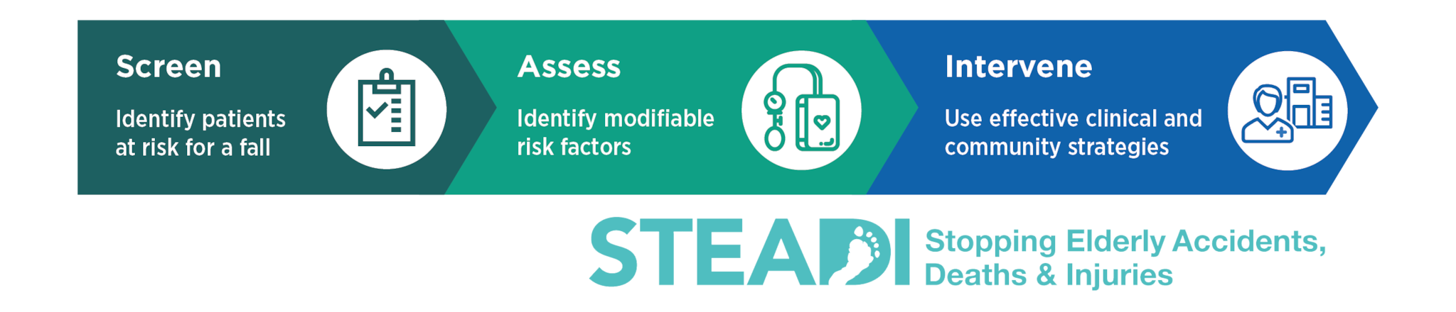 STEADI (Stopping Elderly Accidents, Deaths & Injuries) logo - Screen, Assess, Intervene