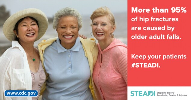 More than 95% of hip fractures are caused by older adult falls. Keep your patients #STEADI. www.cdc.gov