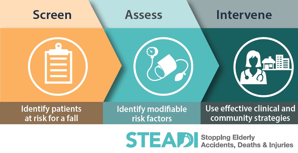 Screen - Identify patients at risk for a fall. Assess - Identify modifiable risk factors. Intervene - Use effective clinical and community strategies. STEADI: StoppIng Elderly Accidents, Deaths & Injuries
