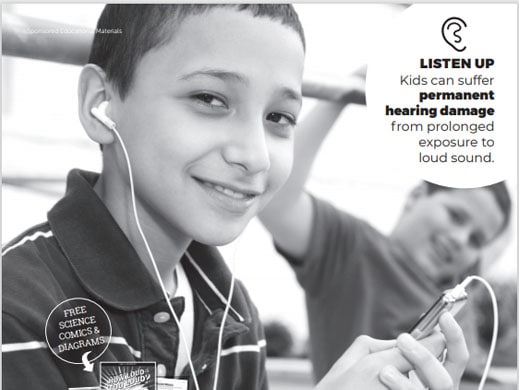 Young man with earbuds. Listen up - kids can suffer permanent hearing damage from prolonged exposure to loud sound.