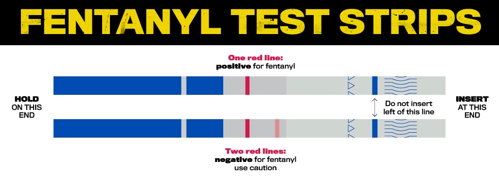 Two fentanyl test strips, one showing a red line to indicate a positive result and one showing two red lines to indicate a negative result.