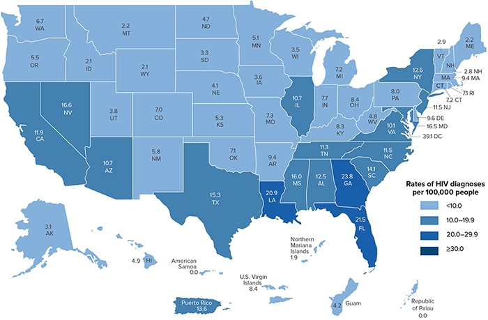 This map shows rates of new HIV diagnoses for adults in the US.