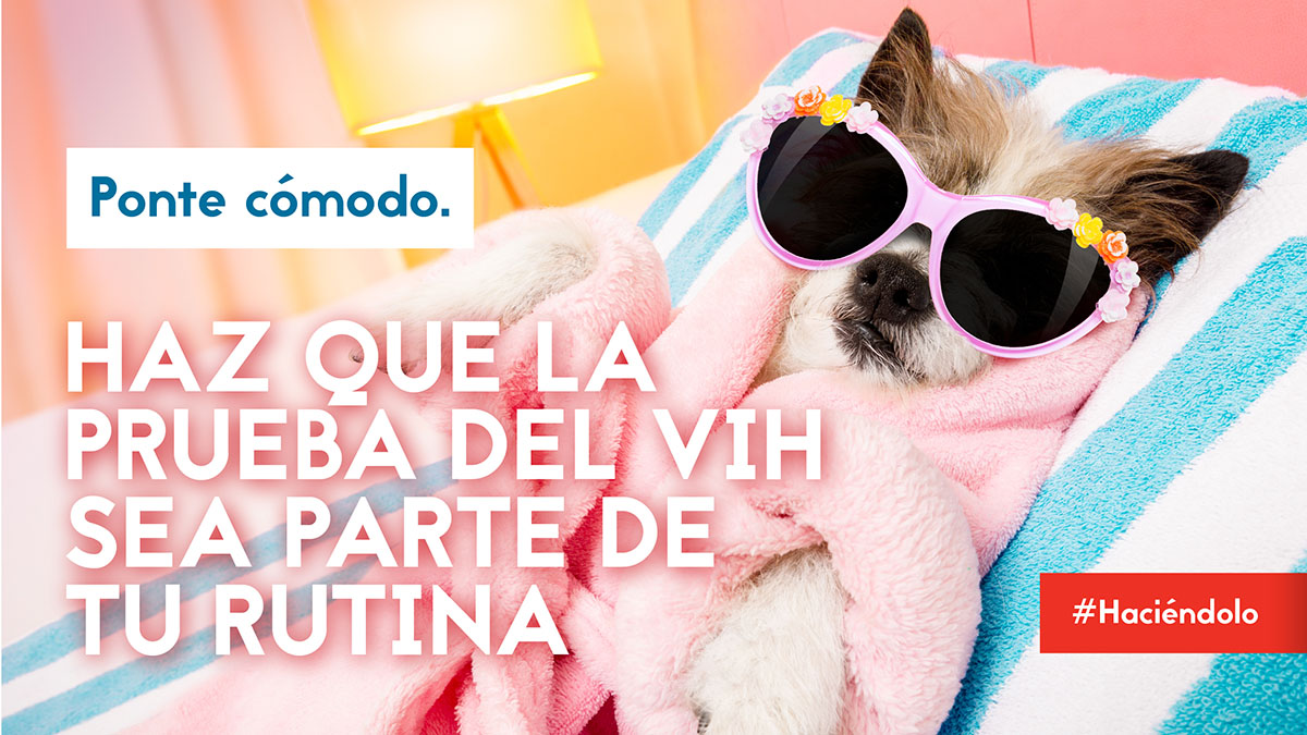 TwitterPosts-SHS-DoingIt-2020 Puedes relajarte sabiendo que la prueba del #VIH forma parte de tu rutina de salud normal. Aprende más: https://bit.ly/325yMwG #Haciéndolo - Dog laying on towel while wearing sunglasses and a robe