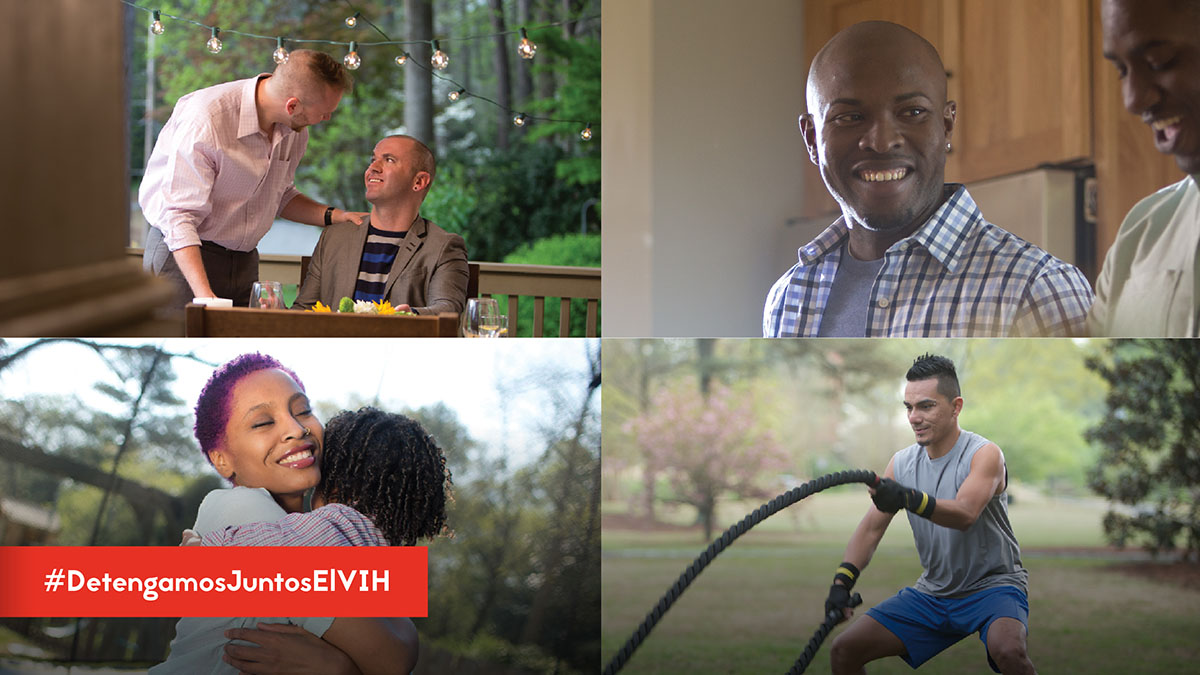 TwitterPosts-STSH-HTW-2020 Comenzar el tratamiento es el paso más importante después del diagnóstico del #VIH. Puedes mantenerte saludable si lo empiezas lo más pronto posible. Aprende más: https://bit.ly/2ZqGYXT #DetengamosJuntosElVIH - Four Images in one first image has two white males looking at each other smiling, image two has two black males smiling while in the kitchen image three has a mother hugging her daughter and image four has a male working out