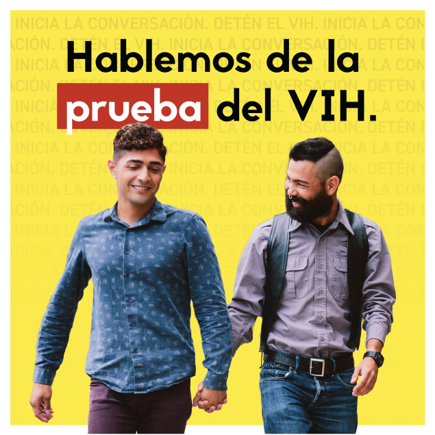2022-LSHT-August_SM-AssetRefresh_Talk Test-STSH-Esp Two men holding hands while walking together. Text (Spanish): Hablemos de la prueba del VIH.