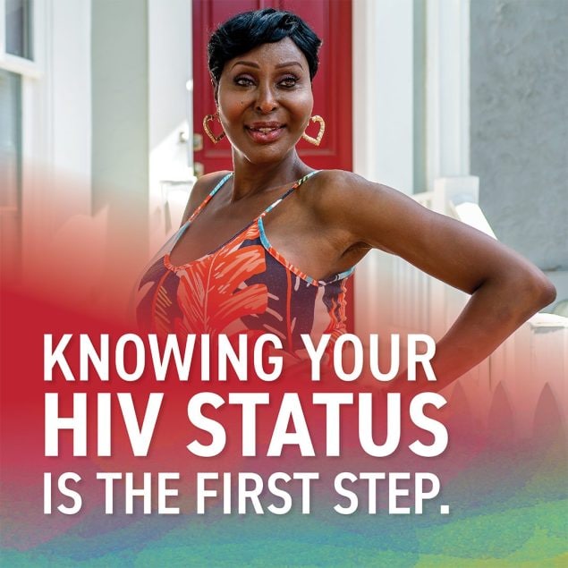 Woman posing with arm on hip. Text: Knowing your HIV status is the first step.