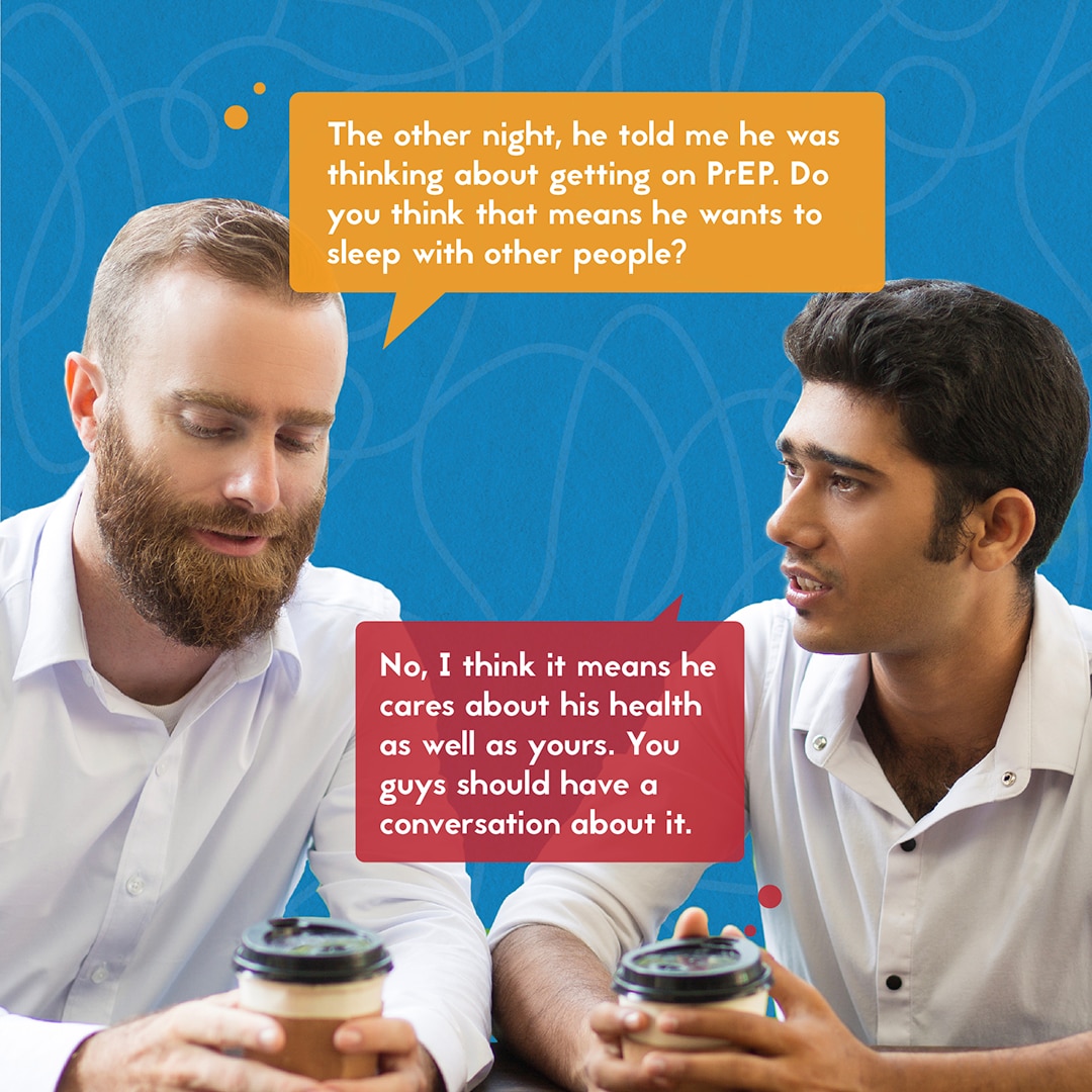 Social media graphic featuring two men discussing PrEP