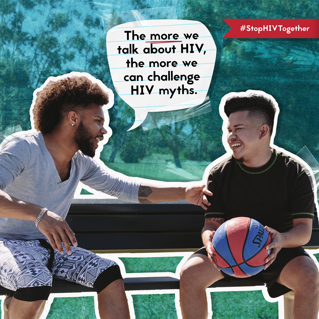 Social media graphic featuring two men discussing PrEP.