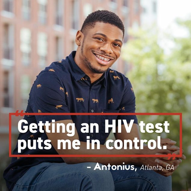 Young man smiling with confidence. “Getting an HIV test puts me in control. -Antonius, Atlanta, GA”