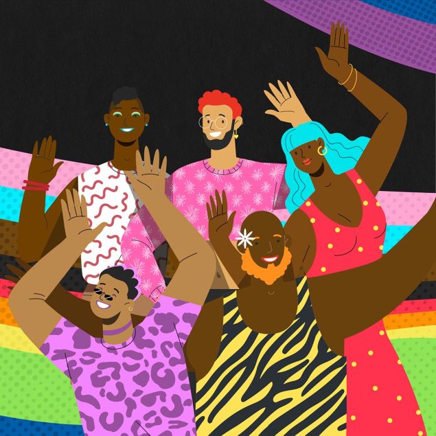Illustrated image of a diverse group with rainbow background