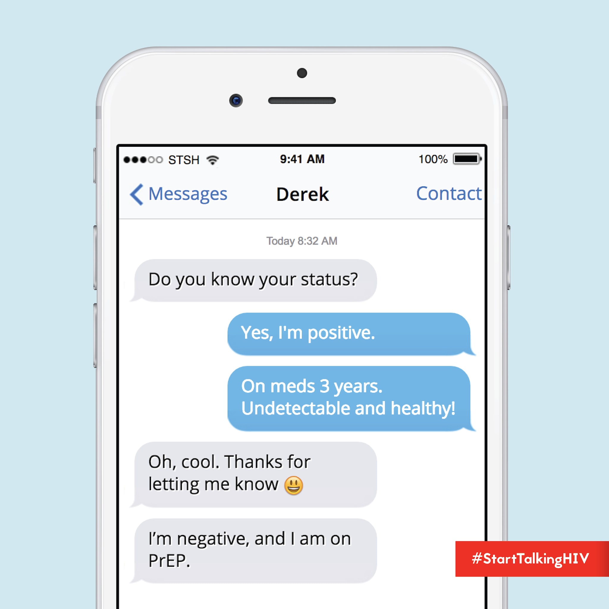 Image displays a cell phone screen that depicts a text conversation between two individuals disclosing their HIS status to each other (one positive and undetectable; the other negative and on PrEP).