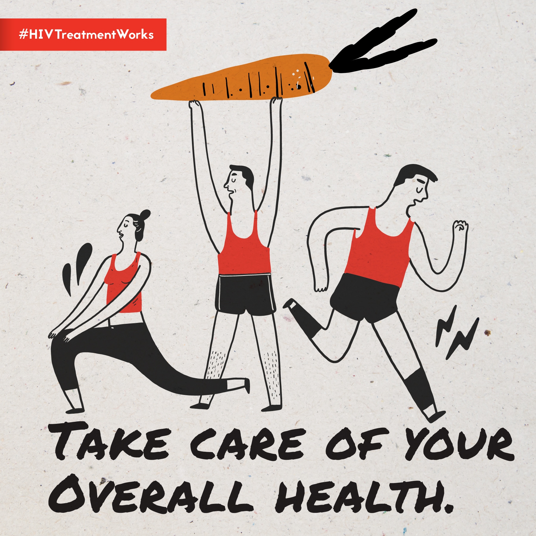 Image displays animation of three figures exercising, along with the following text: TAKE CARE OF YOUR OVERALL HEALTH.