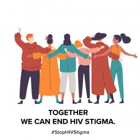 Image displays an animation of six women with arms linked in solidarity, along with the following text: Together we can end HIV stigma.