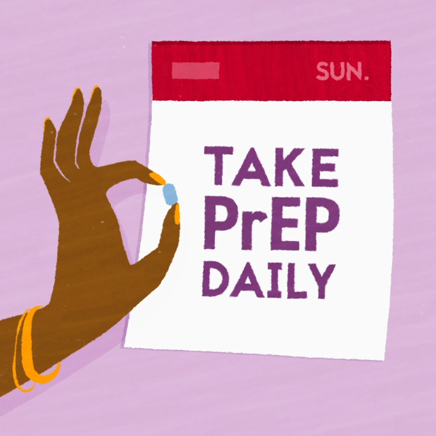 Image of hand holding PrEP pill and calendar reminder to take PrEP