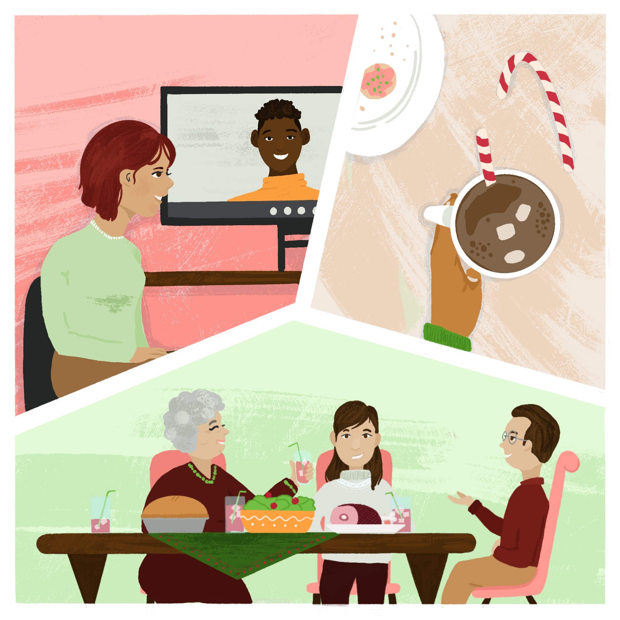 A holiday illustration graphic of a family gathered around a table and two friends sitting in front of a computer screen smiling and enjoying a virtual dinner together