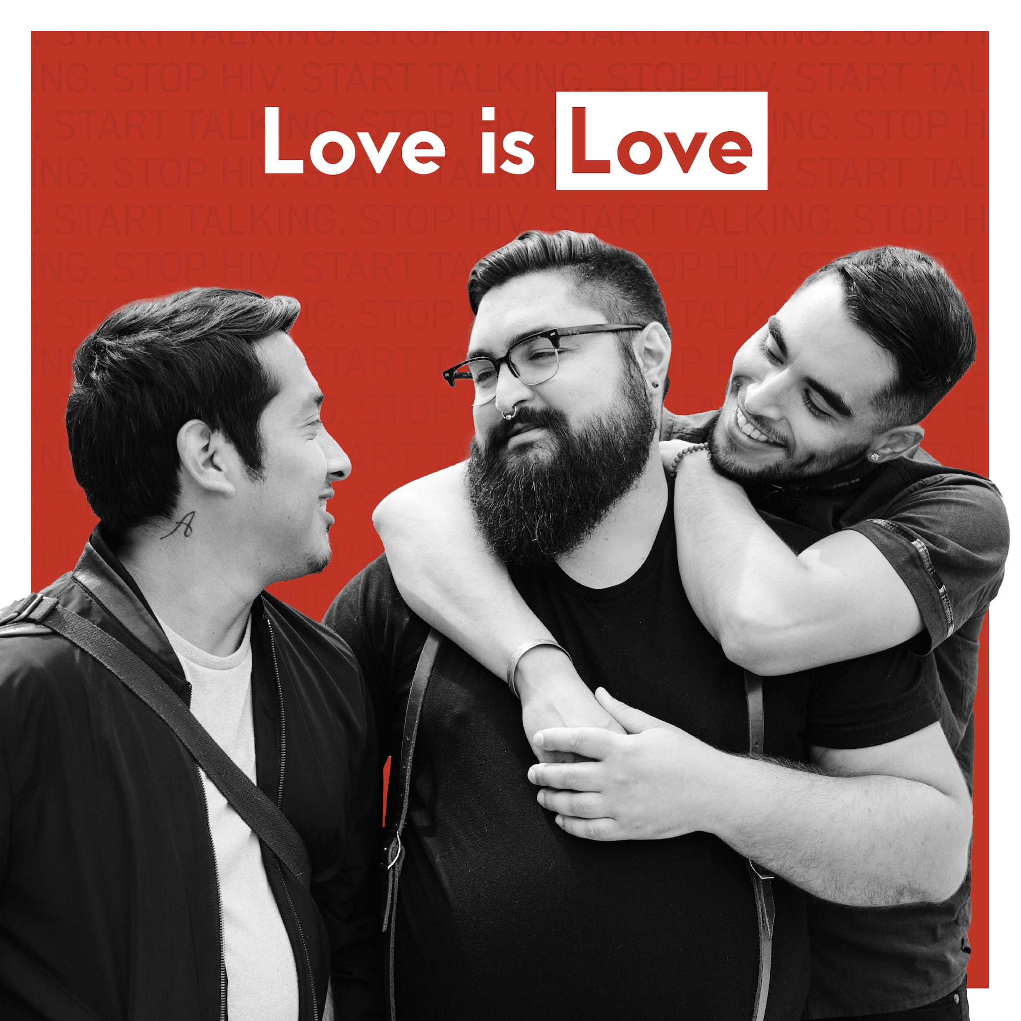 An image of three men showing each other love with the words love is love written in bold letters.