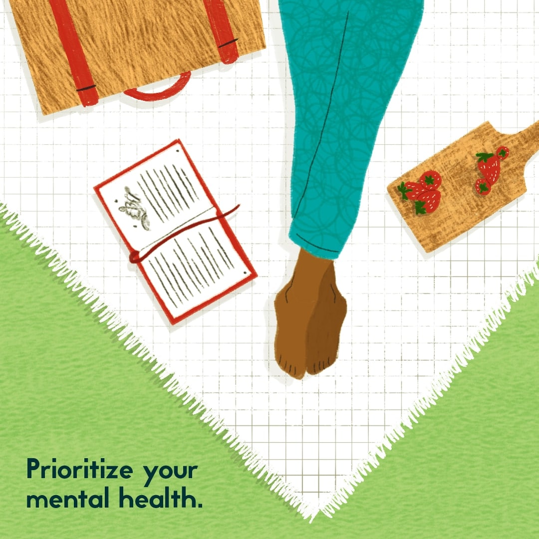 Animation of a person, only showing legs, laying on a blanket with a book and fruit. Text reads: Prioritize your mental health.