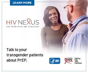 Banner of White male clinician consulting with Black transgender patient.