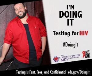 Doing It banner. Actor Daniel Franzese with red shirt standing and smiling in front of a textured wall. I’m Doing It. Testing for HIV. Testing is Fast, Free & Confidential. cdc.gov/DoingIt #DoingIt The Elizabeth Taylor AIDS foundation, Act Against AIDS