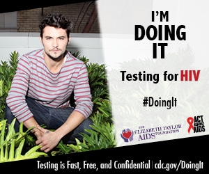 Actor Shiloh Fernandez sitting in green shrubbery looking directly into camera. I’m Doing It. Testing for HIV. Testing is Fast, Free & Confidential. cdc.gov/DoingIt #DoingIt The Elizabeth Taylor AIDS foundation, Act Against AIDS
