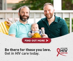Web banner of Aaron, a white gay man, with his husband and their child. Get in HIV care.