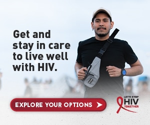 Web banner of Alex, a gay Latino man jogging. Living well with HIV.