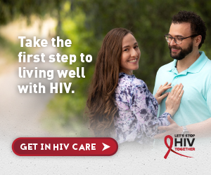 CDC Together campaign banner of Elena, a Latina woman with her husband. Get in care.