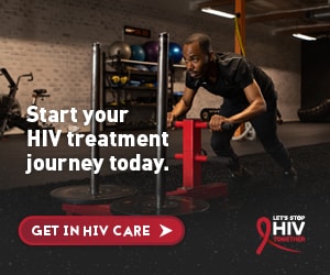 CDC Together campaign banner of Nick, an African American man working out at a gym. Get in care.