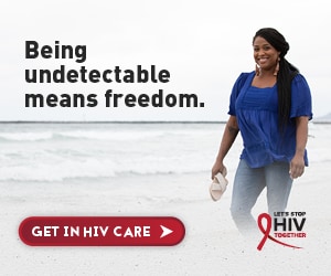 CDC Together campaign banner of Porchia, a Black woman, walking on the beach. Being undetectable is freedom.