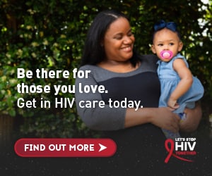 Web banner of Sharmain, a black mother with her daughter. Get in HIV care.