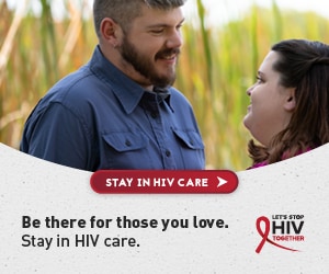 CDC Together campaign banner of Shawn, a White man and his wife. Stay in care.