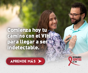 Web banner de Elena, una mujer Latina con su esposo. Comienza hoy tu camino para llegar a ser indetectable hoy.