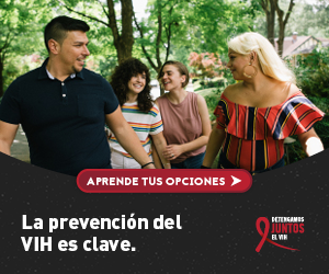 Bandera con hombre y 3 mujeres y letrera blanca: "La prevencion del VIH es clave" y bot&oacute;n rojo "aprende tus opciones"