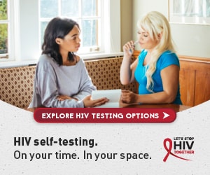 Banner of two females using an HIV self-test kit.