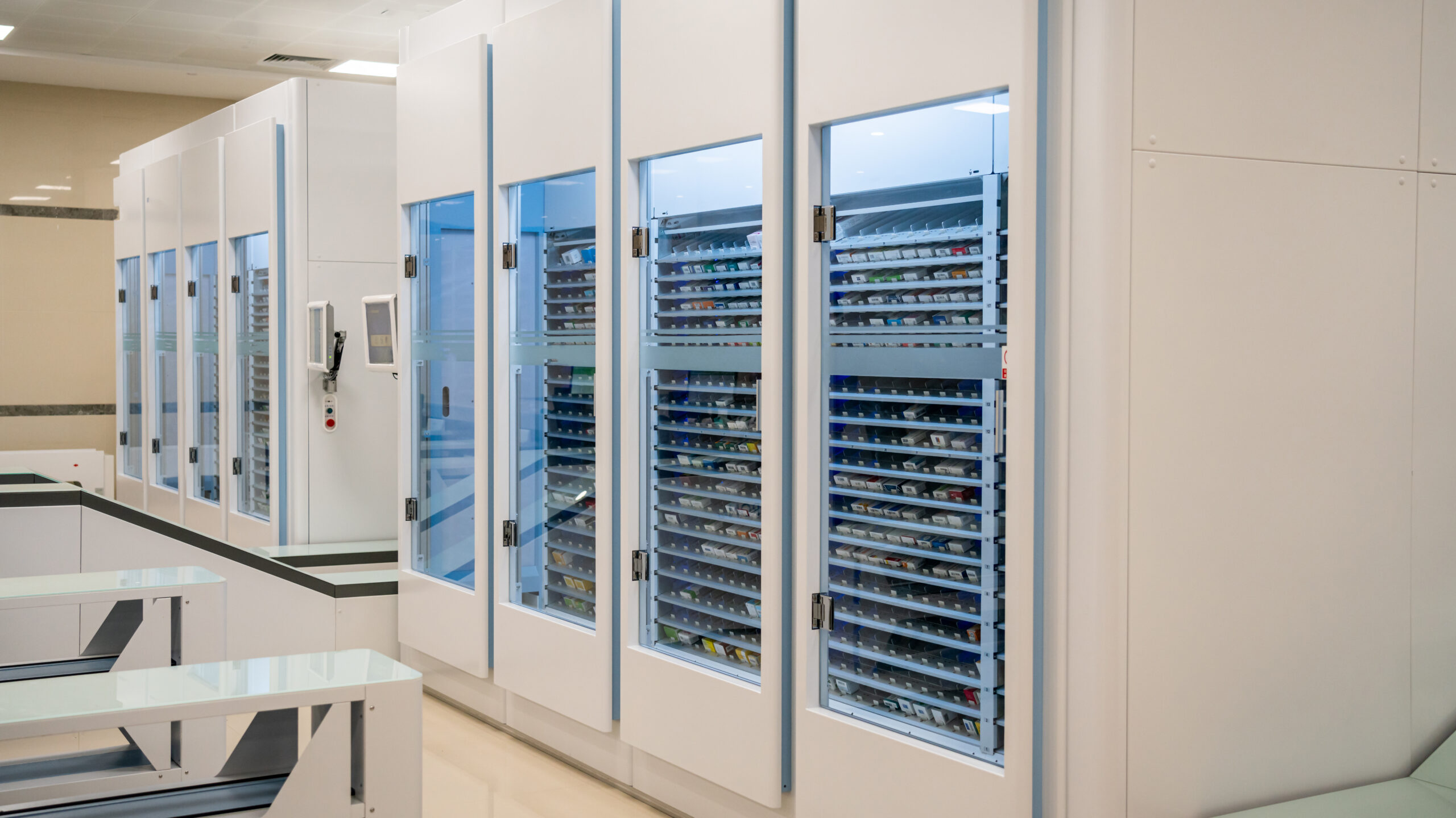 The inside of a lab showing vials being stored in a series of containers