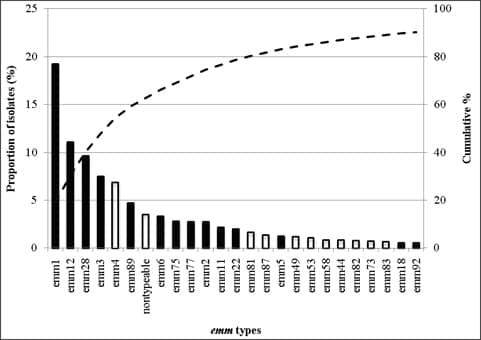 Fig 1-F: The 25 most common emm types contributing to all disease in Established Market Economy countries: accounts for 90.3% of all isolates from the region with 146 types contributing to the remaining 9.7% of isolates. Emm1, emm12, emm28, emm3, emm4, emm89, nontypeable, emm6, emm75, emm77, emm2, emm11, emm22, emm81, emm87, emm5, emm49, emm53, emm58, emm44, emm82, emm73, emm83, emm18, emm92.