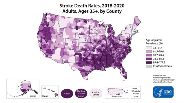 Stroke Death Rates for 2018 through 2020 for Adults Aged 35 Years and Older by County. The map shows that concentrations of counties with the highest stroke death rates - meaning the top quintile - are located primarily in Guam, the Northern Mariana Island, Mississippi, Louisiana, Arkansas, Texas, Kentucky, Tennessee, Alabama, Georgia, Florida, South Carolina, North Carolina, Ohio, and Michigan., and. Pockets of high-rate counties also were found in Virginia, Indiana, Illinois, Missouri, Nebraska, California, Oregon, South Dakota, and North Dakota.