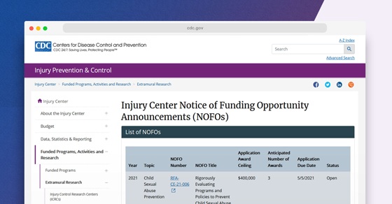 Screenshot of the CDC Injury Center's Notice of Funding Opportunity Announcements webpage