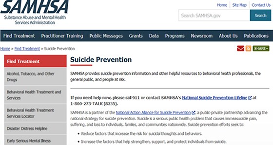 Screenshot of the SAMHSA Suicide Prevention website