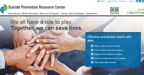 Screenshot of the Suicide Prevention Resource Center home page