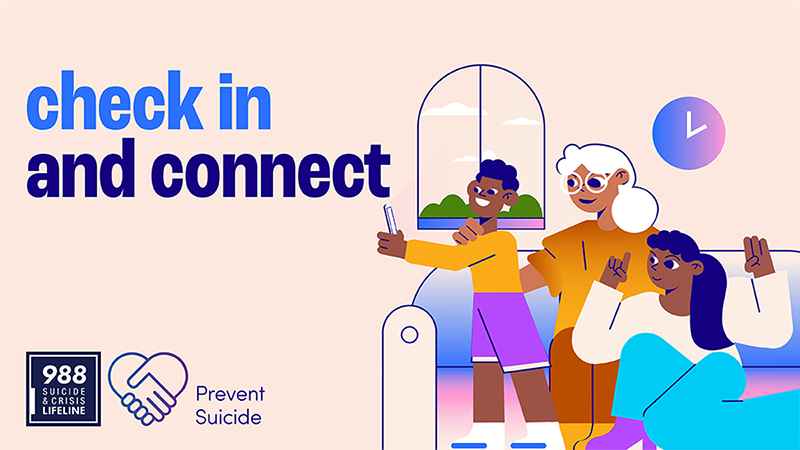 Family sitting on couch taking a selfie. Check in and connect. Prevent suicide.