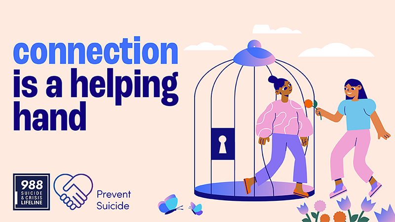 One person helping another walk out of a cage. Connection is a helping hand. Prevent suicide.